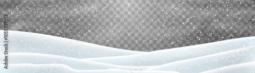 Snow flakes, snow and blizzard falling on snowdrifts. Snow landscape decoration, frozen hills isolated on png background. Vector heavy snowfall with snowbanks field. Christmas vector illustration