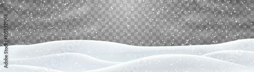 Snow flakes, snow and blizzard falling on snowdrifts. Snow landscape decoration, frozen hills isolated on png background. Vector heavy snowfall with snowbanks field. Christmas vector illustration