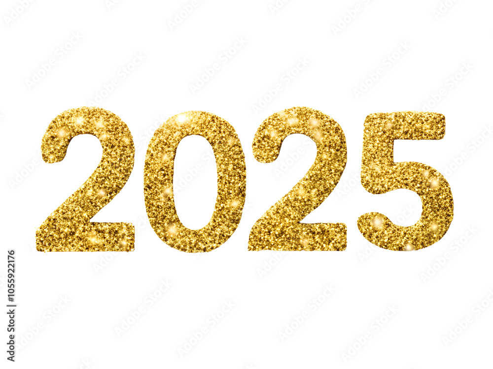 Sparkling 2025 Golden Glitter Typography on transparent background, Png Element, Png Photo