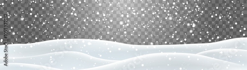 Snow flakes, snow and blizzard falling on snowdrifts. Snow landscape decoration, frozen hills isolated on png background. Vector heavy snowfall with snowbanks field. Christmas vector illustration