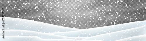 Snow flakes, snow and blizzard falling on snowdrifts. Snow landscape decoration, frozen hills isolated on png background. Vector heavy snowfall with snowbanks field. Christmas vector illustration
