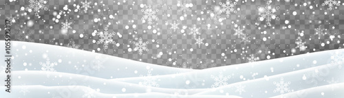 Snow flakes, snow and blizzard falling on snowdrifts. Snow landscape decoration, frozen hills isolated on png background. Vector heavy snowfall with snowbanks field. Christmas vector illustration