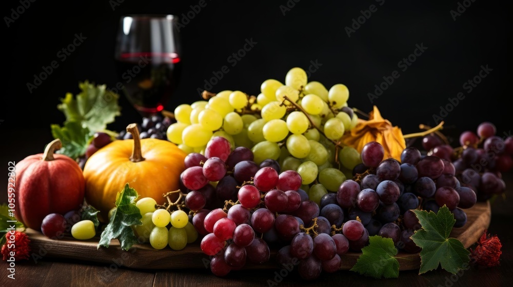 A table is covered with a variety of fruits and vegetables, including grapes A table is covered with a variety of fruits and vegetables, including grapes