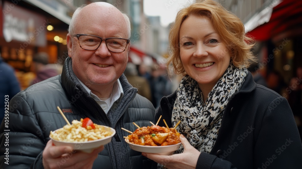 Man and a woman are holding up plates of food, smiling at the camera. The man is wearing a black jacket and the woman is wearing a scarf. Scene is happy and friendly