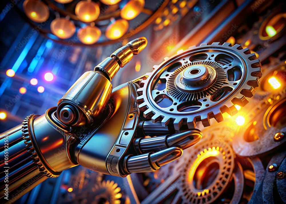 Fototapeta premium Robot Hand Holding Gear Wheel - Futuristic Technology Portrait Photography