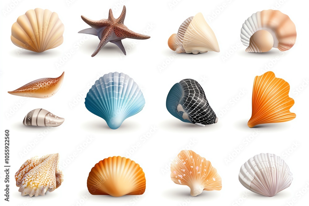 A diverse collection of colorful shells and starfish, showcasing nature's beauty and variety in marine life. A diverse collection of colorful shells and starfish, showcasing nature's beauty and variety in marine life.