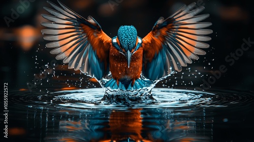 Kingfisher Gliding Just above Water Surface with Wings Spread and Vibrant Feathers
