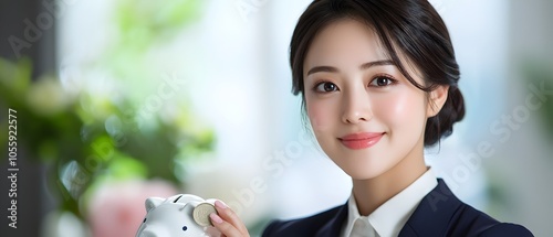 Asian woman carefully placing a coin into a glass piggy bank planning for future financial security and wealth growth through investment planning and cost saving measures photo