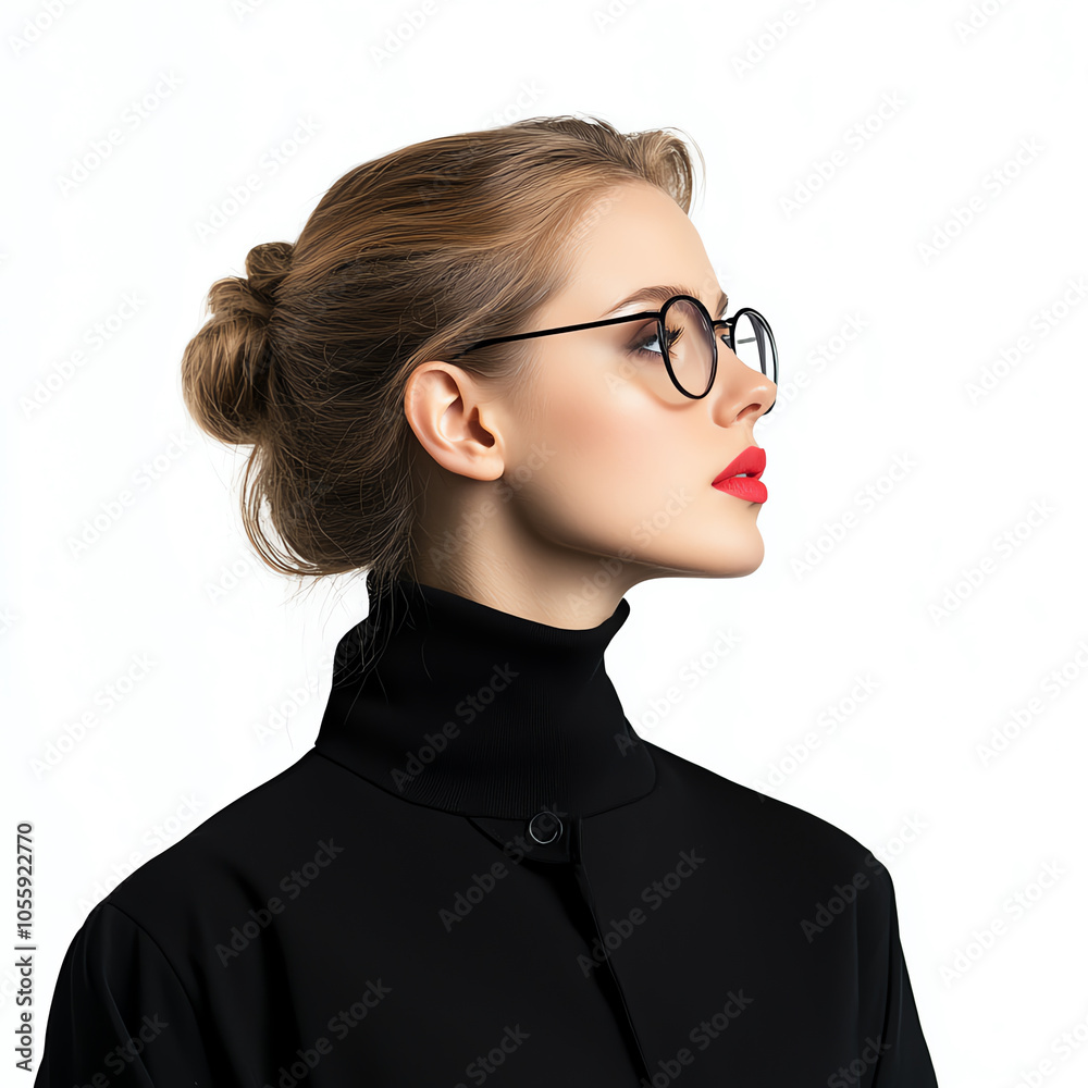 Profile view of a fashionable woman with glasses and bold lipstick, exuding elegance and modern style. Profile view of a fashionable woman with glasses and bold lipstick, exuding elegance and modern style.