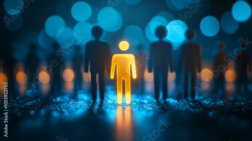 A conceptual photo of a human figure icon in a group of divers people standing out, symbolizing recruitment or talent selection