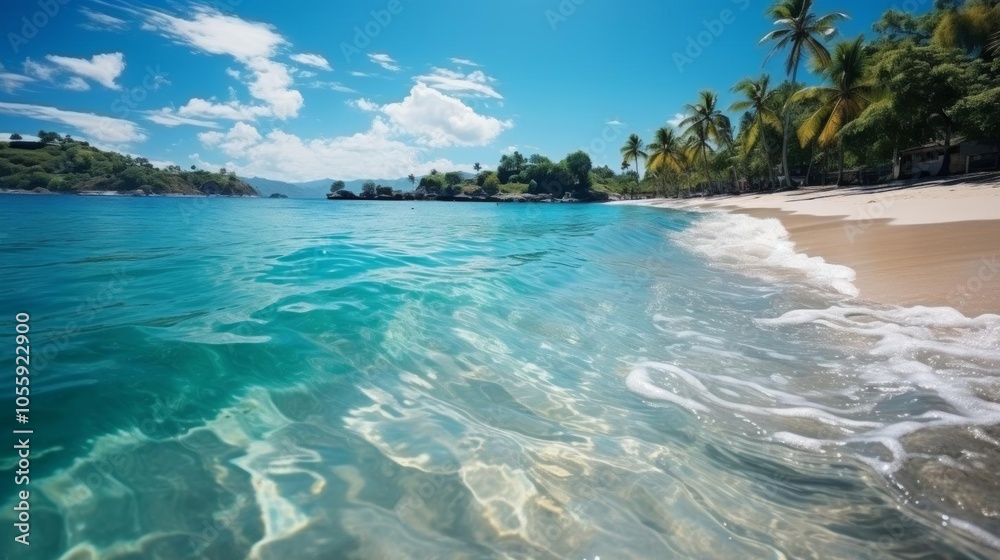 Fototapeta premium A beautiful beach with a clear blue ocean and palm trees