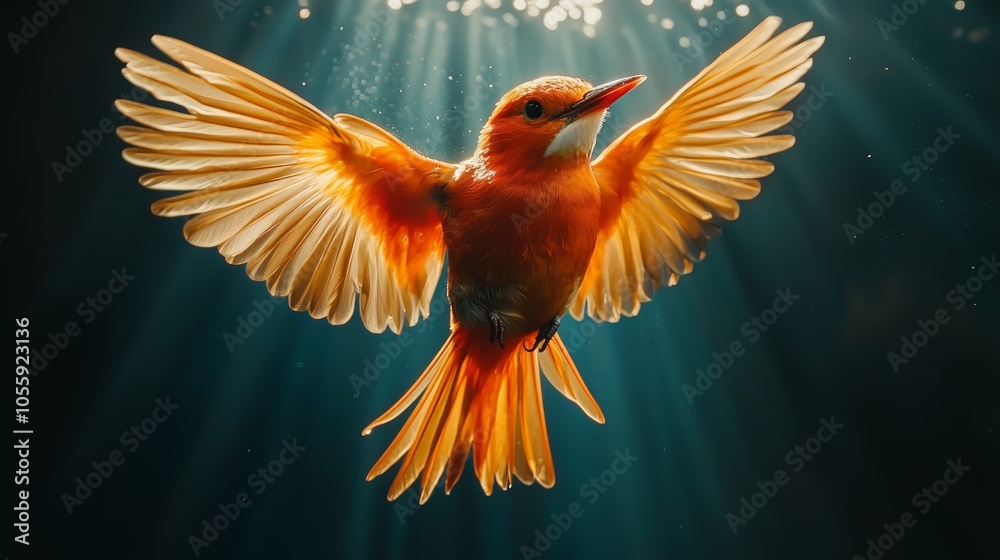 Kingfisher Submerged Floating Mid-Water with Intense Feather Colors Illuminated by Light Beams Kingfisher Submerged Floating Mid-Water with Intense Feather Colors Illuminated by Light Beams