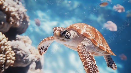 Sea turtle swims in vibrant ocean reef. photo