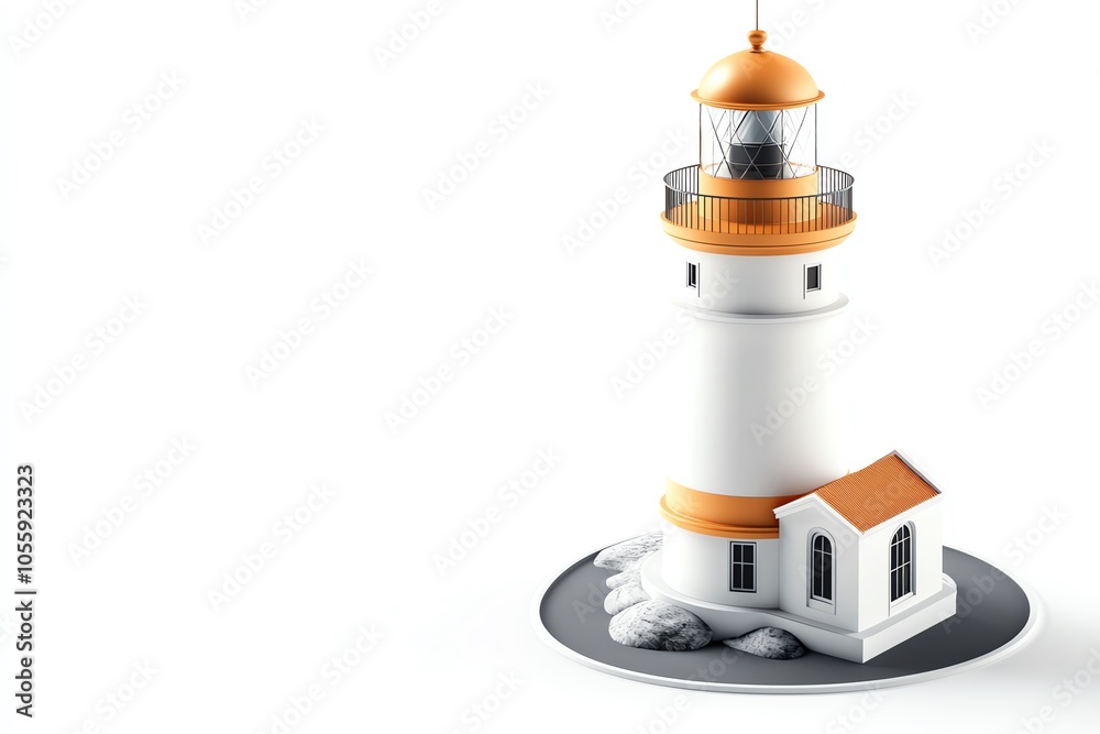 A charming lighthouse with an orange dome, guiding ships safely with its beacon light amidst a serene coastal landscape. A charming lighthouse with an orange dome, guiding ships safely with its beacon light amidst a serene coastal landscape.