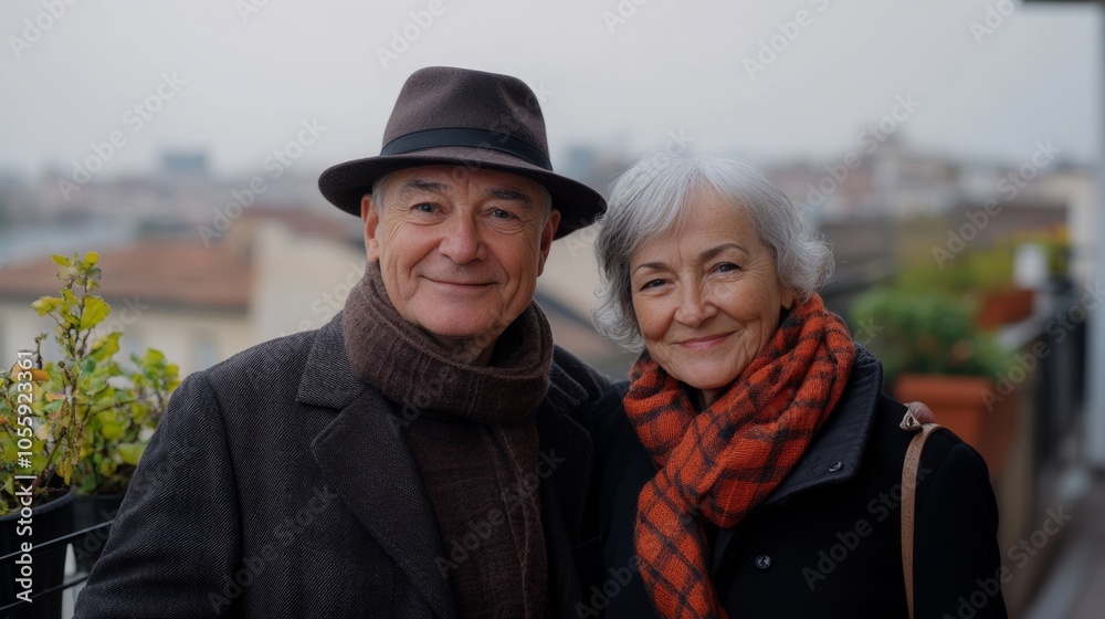 Fototapeta premium Man and a woman are smiling for the camera. The man is wearing a hat and a scarf, while the woman is wearing a scarf and a hat. They are standing on a balcony, looking out at the city