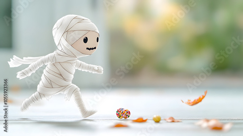 A whimsical robot mummy in bandages playfully chasing after colorful candy on a sunny day photo