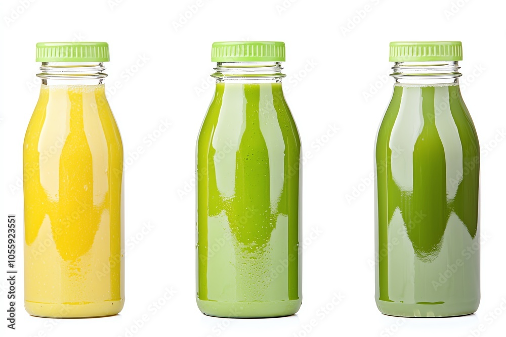 Colorful bottles of fresh juice include yellow, light green, and dark green juices, ideal for healthy lifestyle and wellness concept. Colorful bottles of fresh juice include yellow, light green, and dark green juices, ideal for healthy lifestyle and wellness concept.