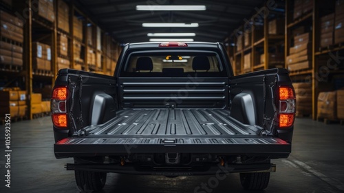 A black truck with a black bed is parked in a warehouse photo