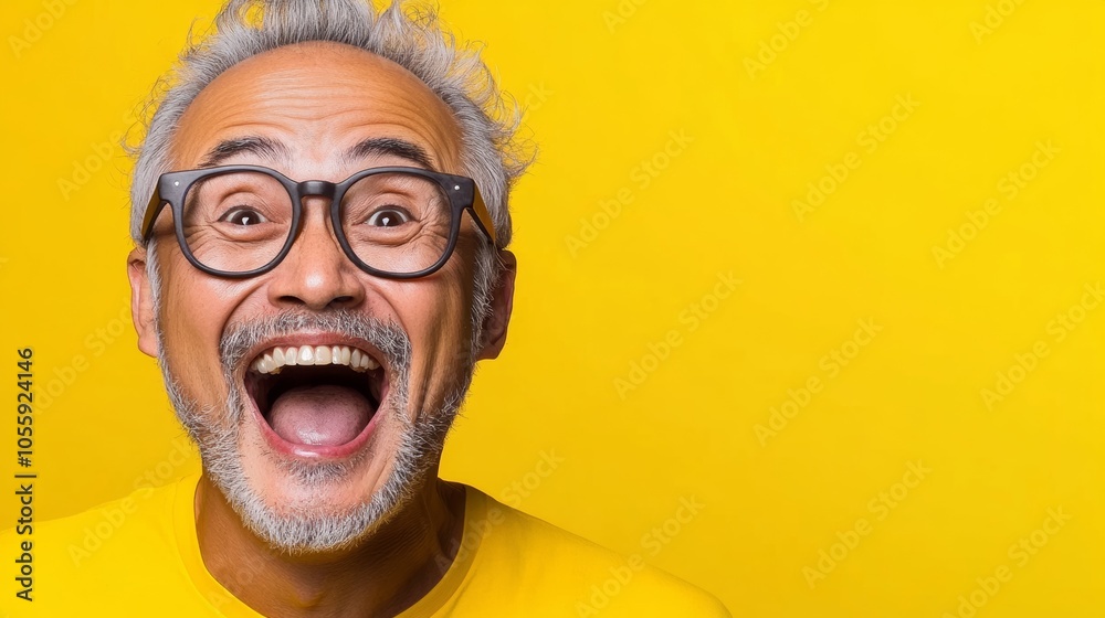 Man with glasses is smiling and laughing. He is wearing a yellow shirt. The image conveys a happy and cheerful mood Man with glasses is smiling and laughing. He is wearing a yellow shirt. The image conveys a happy and cheerful mood