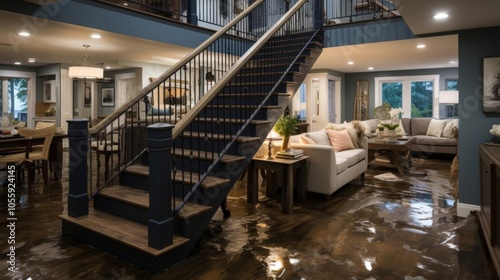 A staircase leading to a living room with a couch and a coffee table