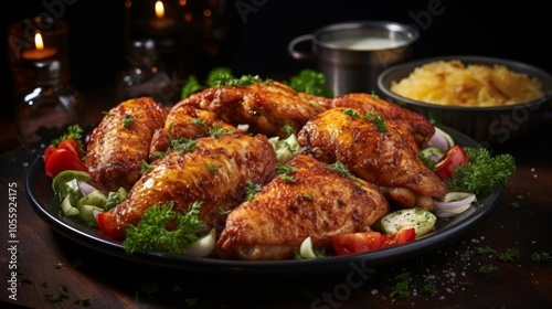 A plate of chicken wings with a side of vegetables and a dipping sauce