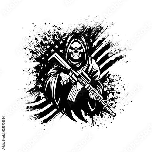 Grim Reaper holding a rifle in American Flag Background. black and white vector illustration