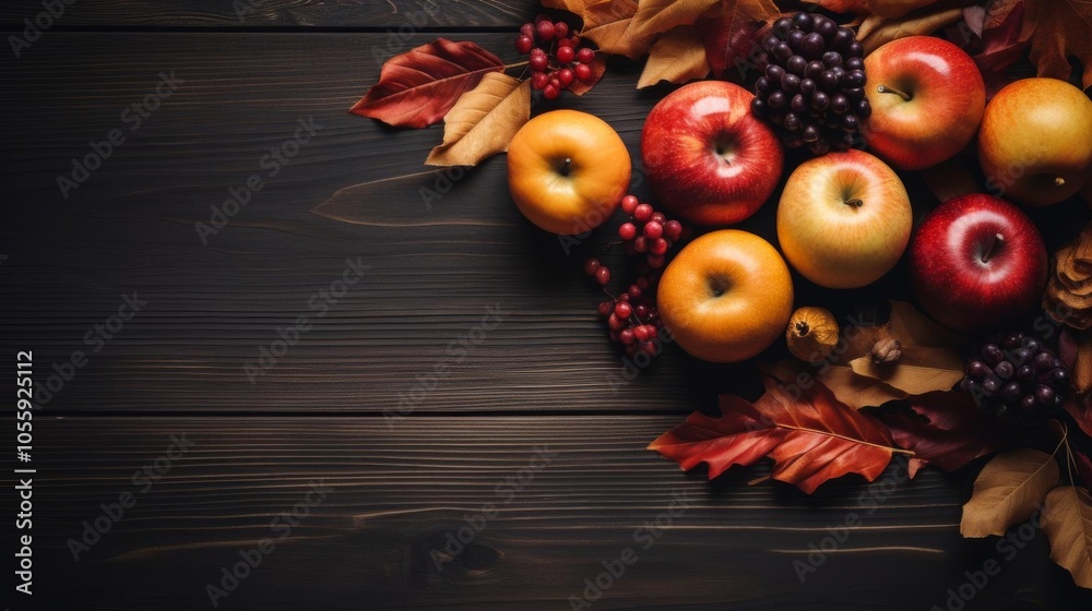 A table with a variety of fruits and leaves, including apples and grapes A table with a variety of fruits and leaves, including apples and grapes