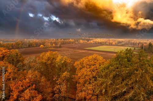 autumn sunset landscape over countryside fields