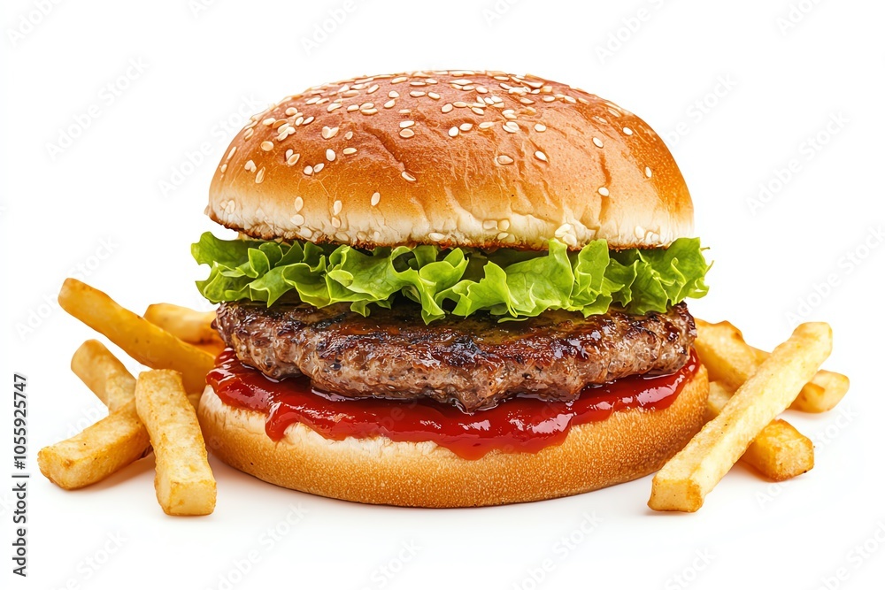 Delicious hamburger with fresh lettuce, ketchup, and crispy fries on a white background, perfect for food lovers. Delicious hamburger with fresh lettuce, ketchup, and crispy fries on a white background, perfect for food lovers.