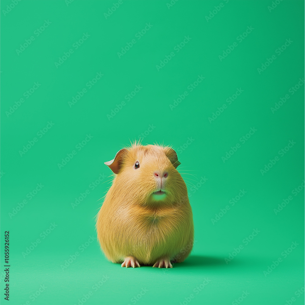 A cute guinea pig sitting on a bright green background, showcasing its fluffy fur and adorable expression. The vibrant green backdrop provides ample copy space. A cute guinea pig sitting on a bright green background, showcasing its fluffy fur and adorable expression. The vibrant green backdrop provides ample copy space.