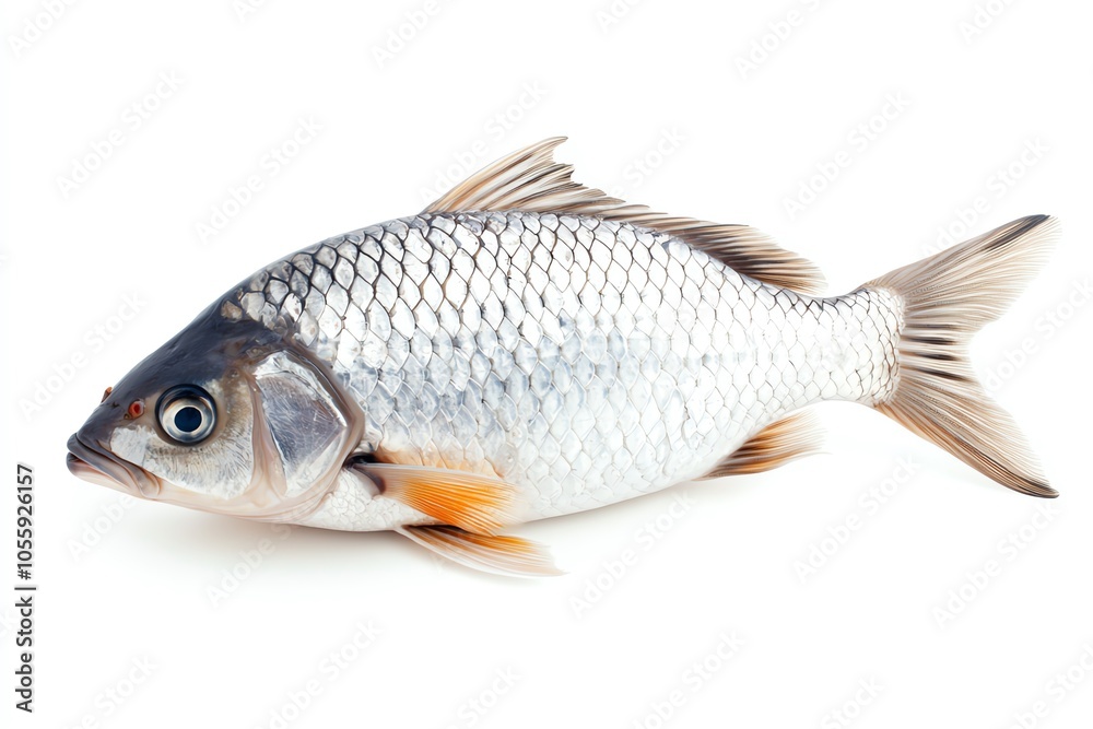 A pristine silver fish with distinct scales and fins, showcasing its vibrant colors and natural beauty against a white backdrop. A pristine silver fish with distinct scales and fins, showcasing its vibrant colors and natural beauty against a white backdrop.