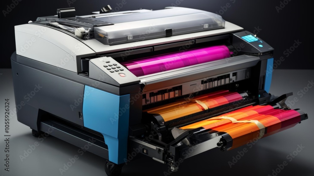 A printer with a blue and black exterior and a red, orange, and yellow interior A printer with a blue and black exterior and a red, orange, and yellow interior