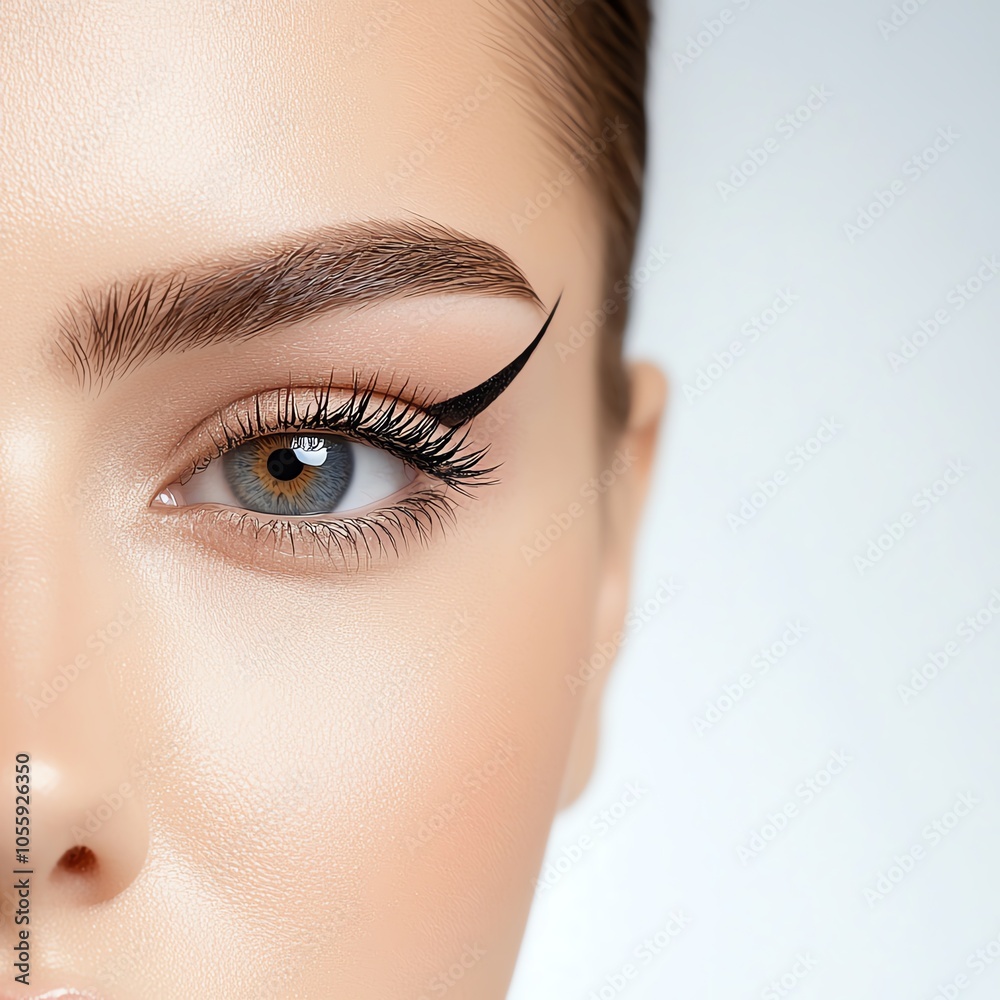 Close-up of a beautiful woman's eye featuring elegant eyeliner and stunning lashes, showcasing vibrant details and flawless skin. Close-up of a beautiful woman's eye featuring elegant eyeliner and stunning lashes, showcasing vibrant details and flawless skin.