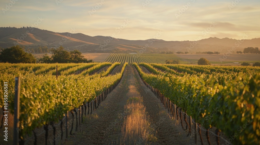 Naklejka premium Vineyard Rows in the Golden Hour with Distant Hills
