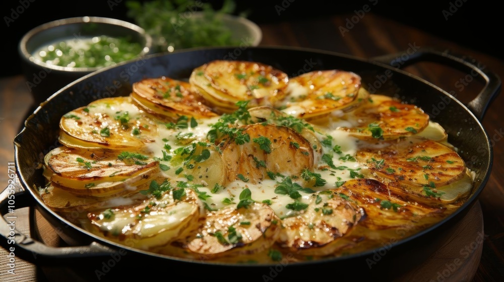A large pan of food with a lot of cheese and parsley on top A large pan of food with a lot of cheese and parsley on top