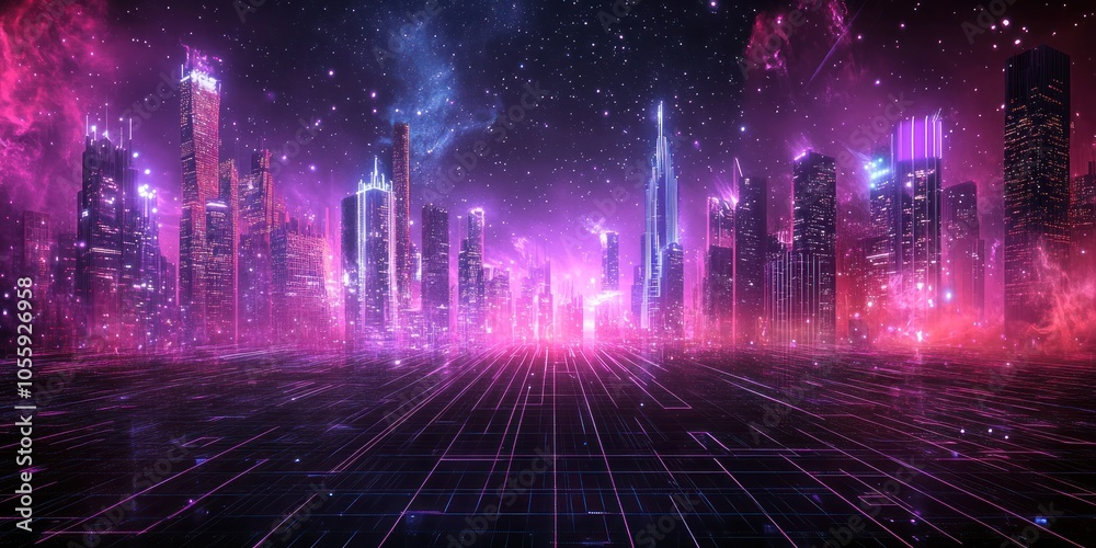 Cityscape with purple and red neon lights, featuring futuristic skyscrapers and digital patterns Cityscape with purple and red neon lights, featuring futuristic skyscrapers and digital patterns