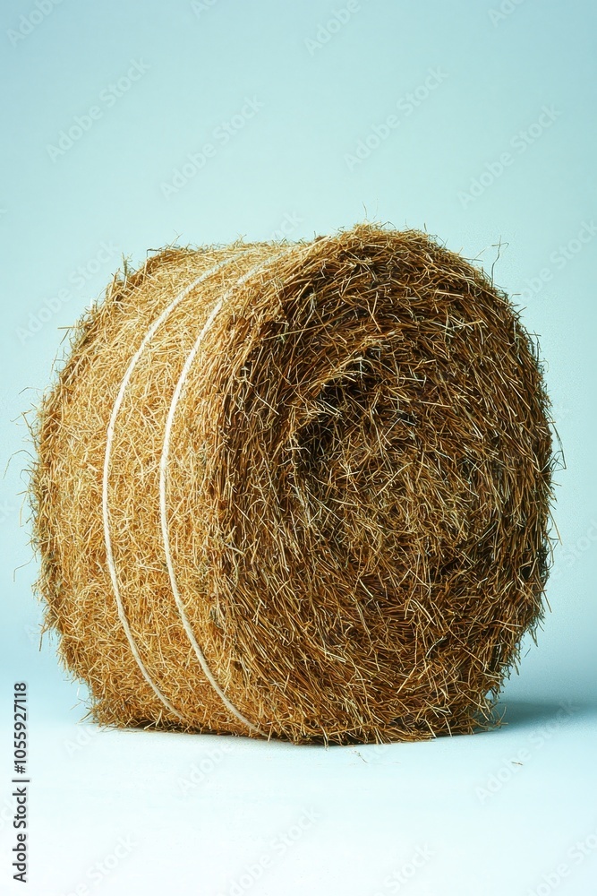 Golden Harvest Close-Up of Twine-Bound Hay Bale in Rustic Setting Against Light Blue Background - Tranquil Farm Scene Golden Harvest Close-Up of Twine-Bound Hay Bale in Rustic Setting Against Light Blue Background - Tranquil Farm Scene