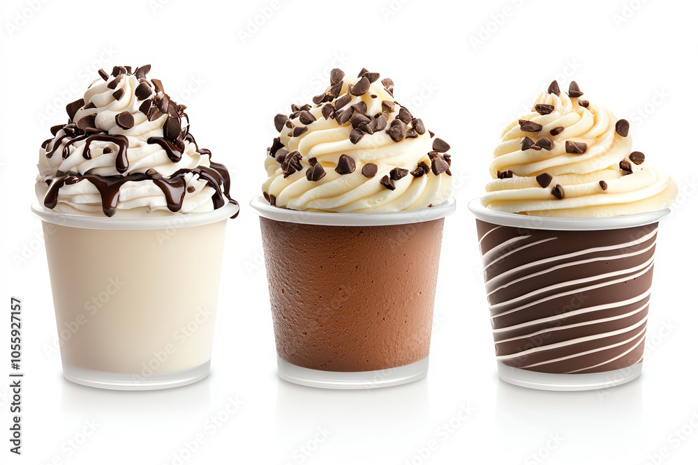 Indulge in three delicious whipped cream desserts showcasing vanilla, chocolate, and mocha flavors, topped with chocolate pieces. Indulge in three delicious whipped cream desserts showcasing vanilla, chocolate, and mocha flavors, topped with chocolate pieces.