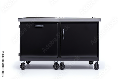 Stylish black kitchen cart with wheels, perfect for storage and mobility. Ideal for any modern kitchen or dining space.