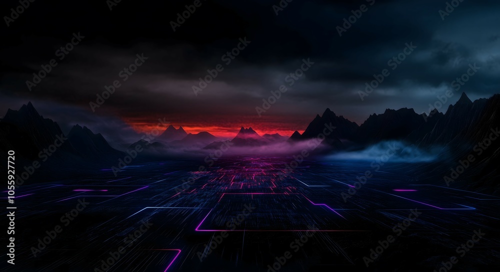Silhouetted mountains at dusk with a glowing circuit board. Silhouetted mountains at dusk with a glowing circuit board.