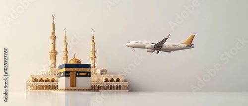 Magnificent Kaaba Miniature Closeup Golden Mosque, White Airplane - Serene Spiritual Decor