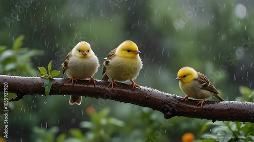 natural panoramic photo with little funny birds and Chicks sitting on a branch in summer garden in the rain. generative.ai