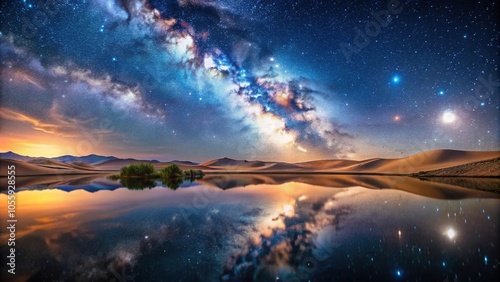 photo of a serene blue hour in the desert reflecting a starry night sky