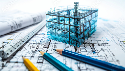 Esquisse moderne d'un architecte d'un batiment en verre avec des plans et des crayons de dessin. photo