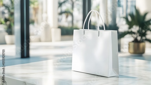 Blank mockup template of a white shopping bag with custom branding, resting on a marble countertop, soft reflections.