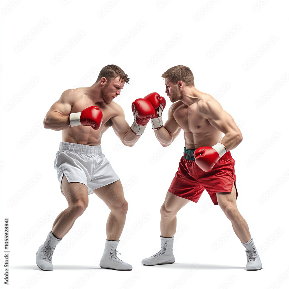 Two male boxers engage in an intense match isolated on white background, showcasing strength, skill, and determination in a dynamic sport.