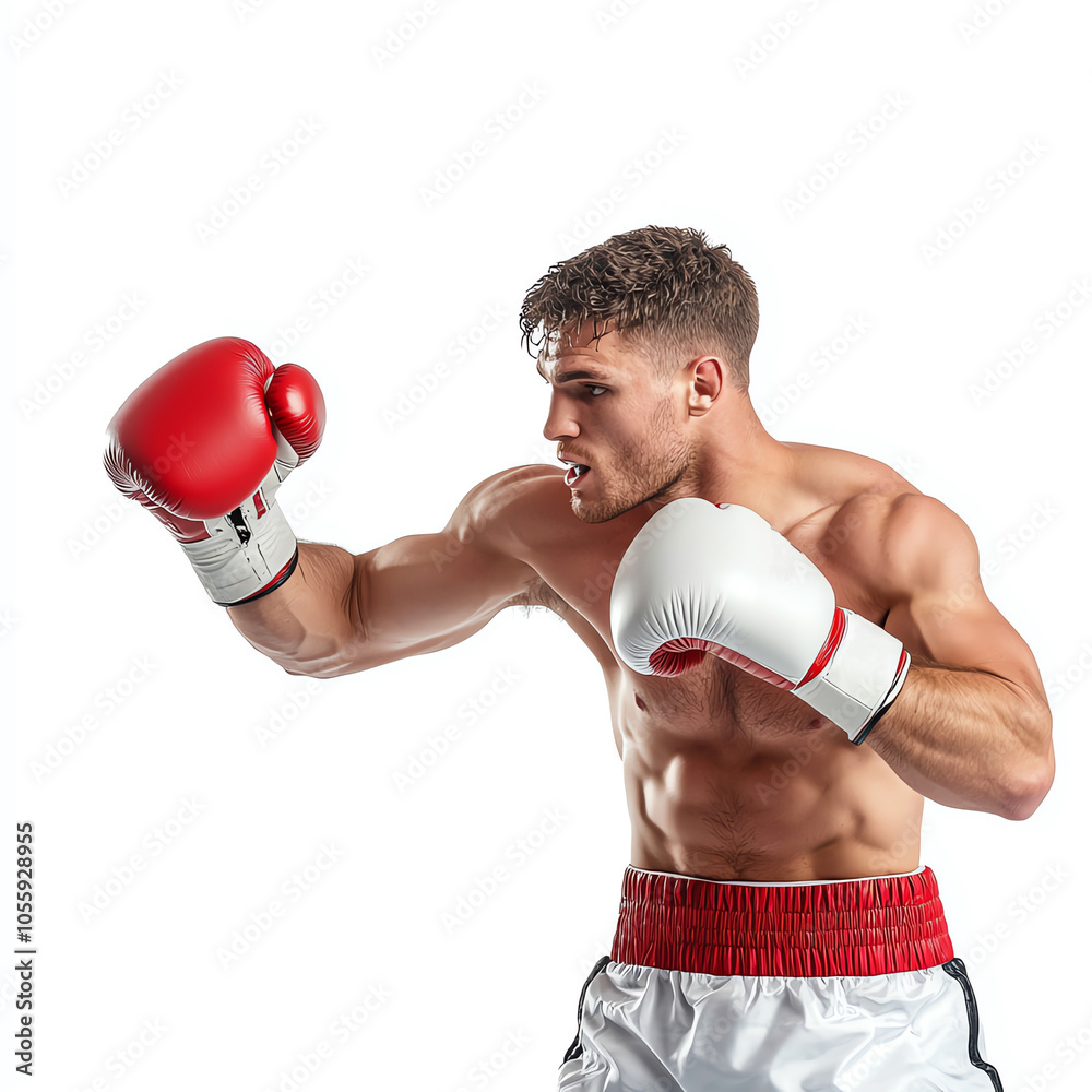 Focused male boxer training with red gloves, showcasing strength and determination in a dynamic pose on a white background. Focused male boxer training with red gloves, showcasing strength and determination in a dynamic pose on a white background.