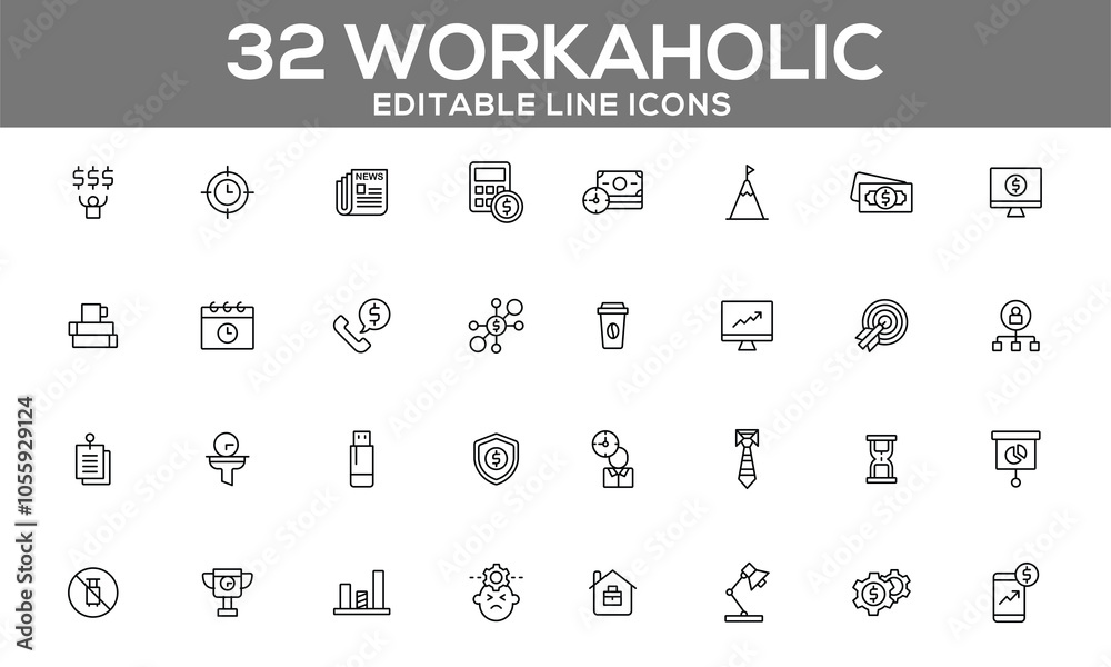 32 Editable Line Icons for Workaholic Themes: Productivity, Business, and Finance Symbols 32 Editable Line Icons for Workaholic Themes: Productivity, Business, and Finance Symbols