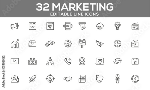 32 Editable Marketing Line Icons for Advertising, Promotion, and Campaign Strategies