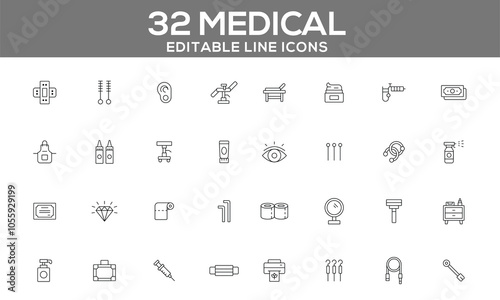 32 Editable Medical Line Icons for Healthcare, Diagnostics, and Medical Tools Graphics